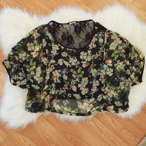 Sheer Crop Top Floral Print & Lace Blouse